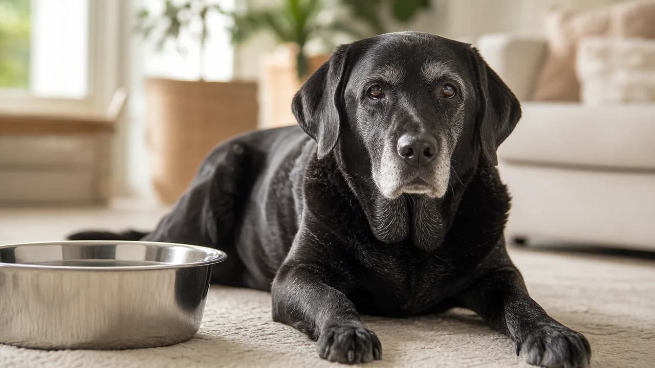 Chien senior grisonnant allongé calmement près de sa gamelle d'eau