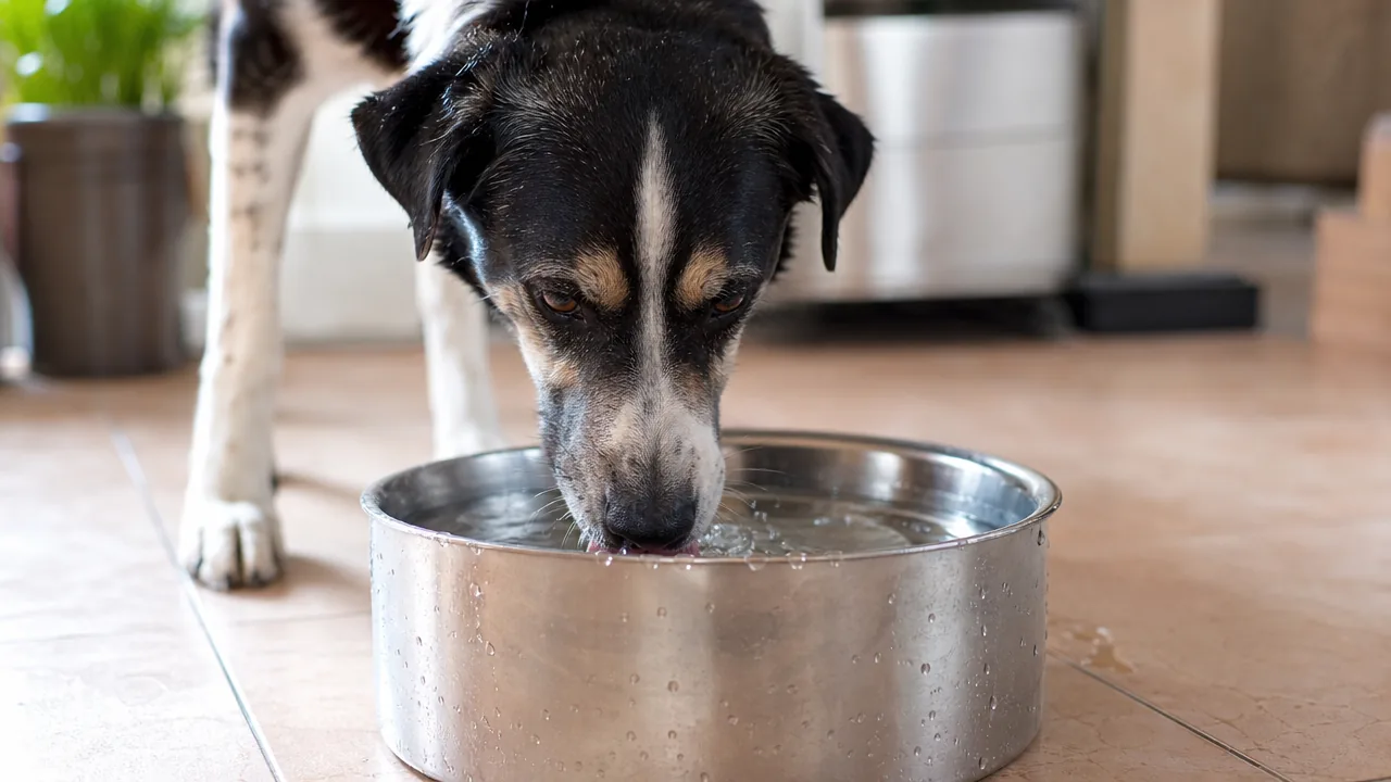 Chien buvant abondamment dans une grande gamelle d'eau