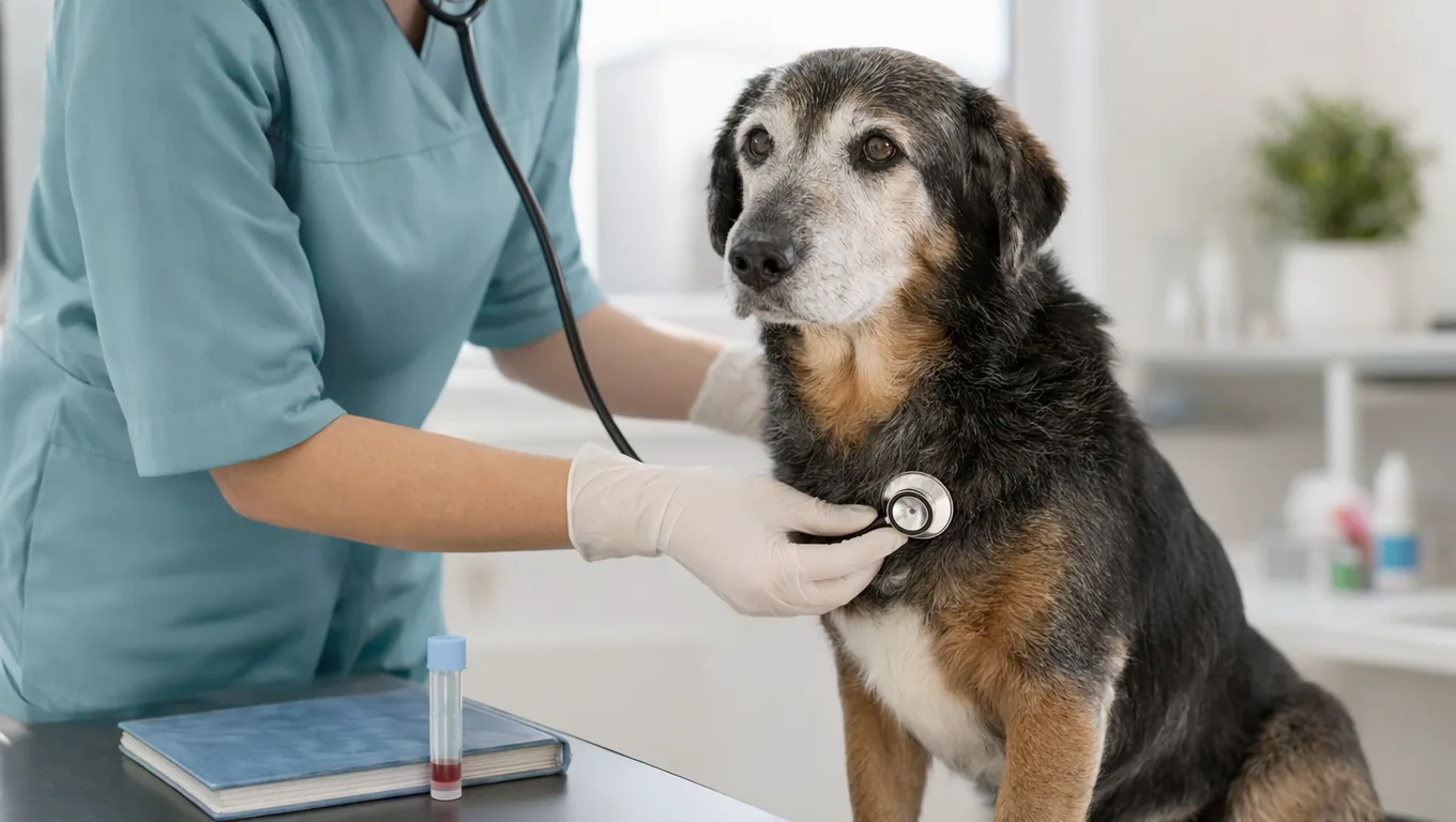 Vétérinaire auscultant un chien senior lors d'un bilan de dépistage