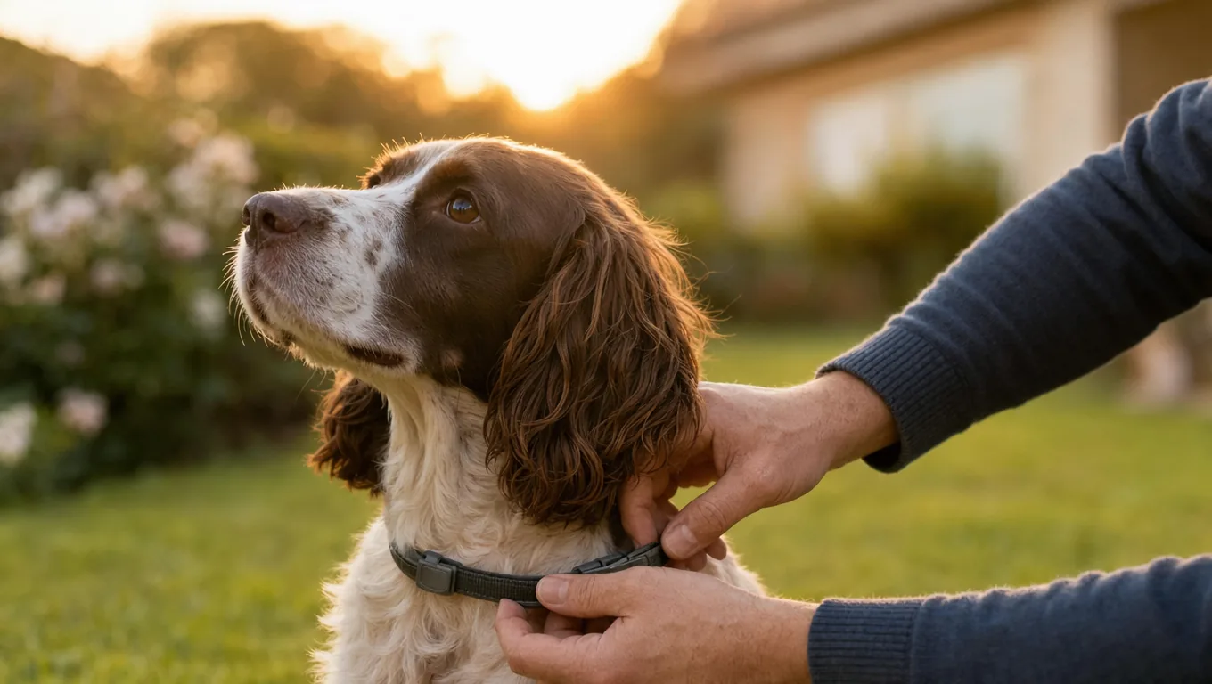 Mains ajustant un collier répulsif antiparasitaire sur un épagneul au soleil couchant