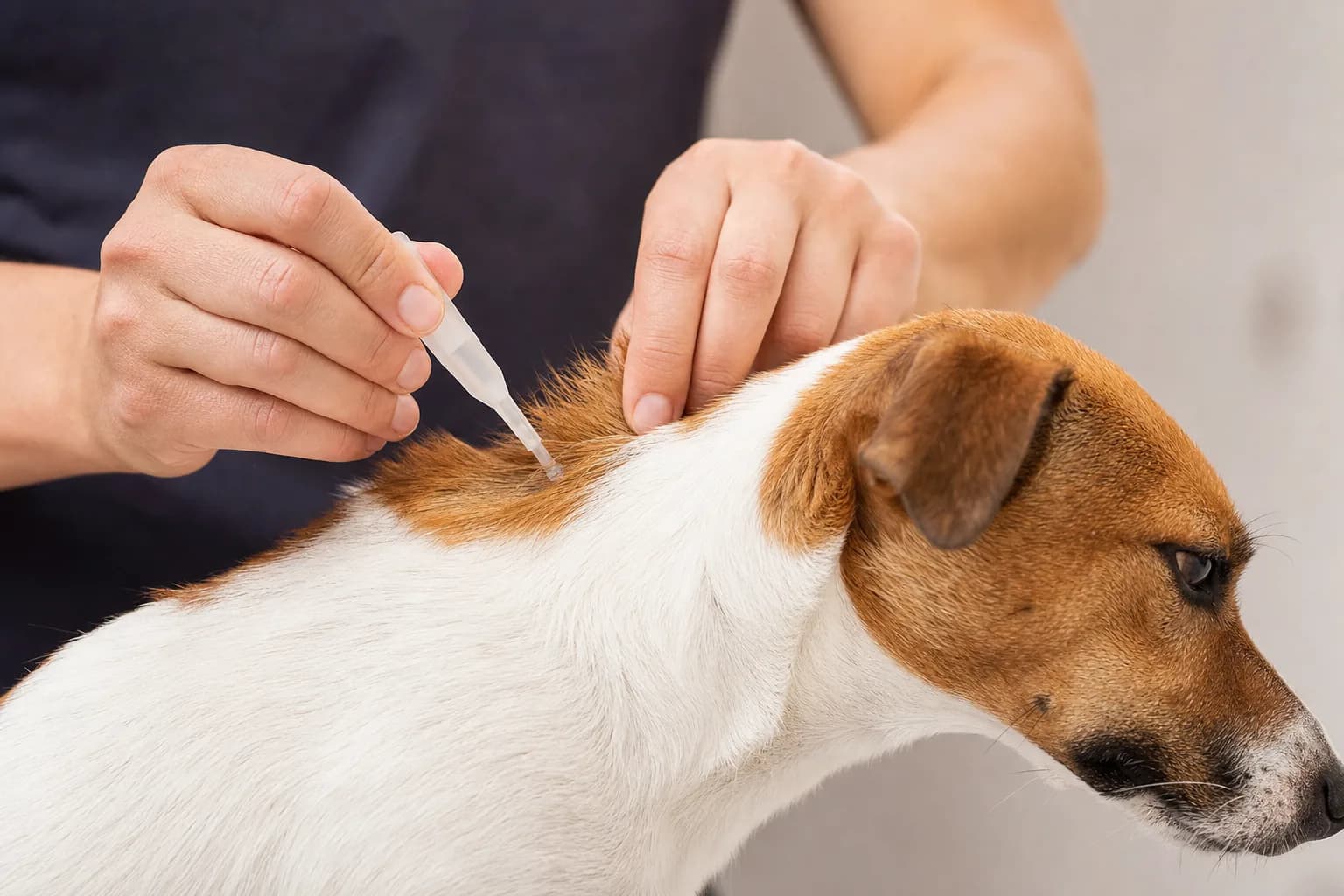 Application d'un antiparasitaire en pipette sur un chien