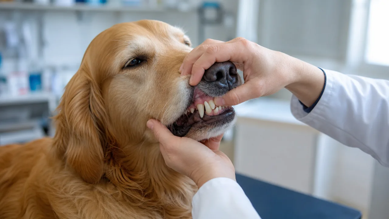 Vétérinaire examinant les dents et les gencives d'un Golden Retriever
