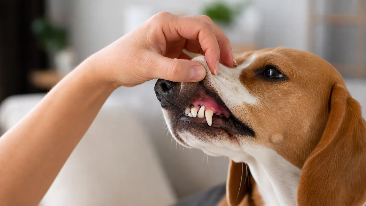 Propriétaire soulevant la babine d'un Beagle pour vérifier ses dents