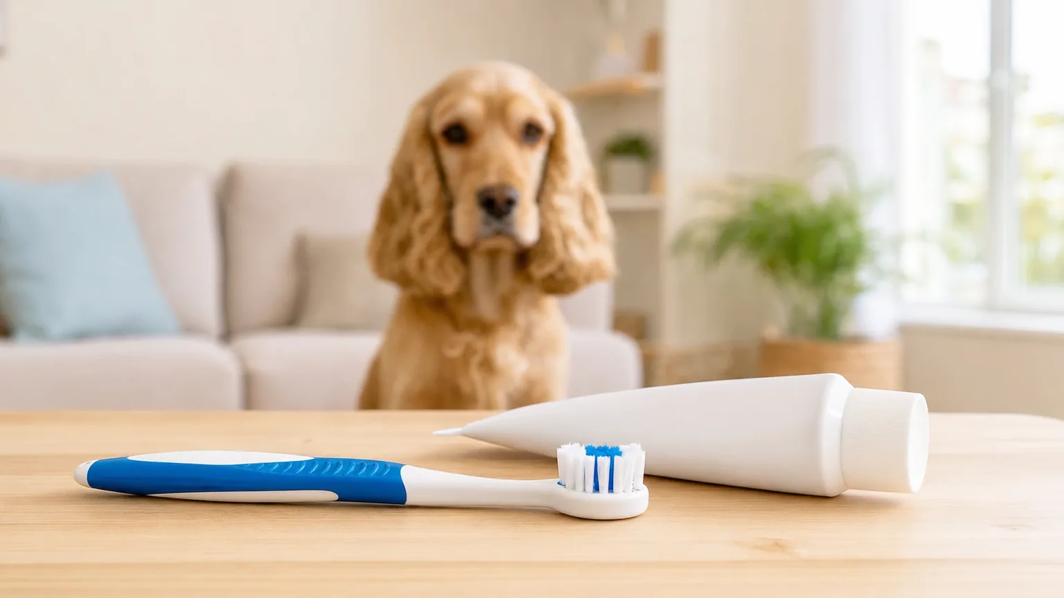 Brosse à dents canine et dentifrice pour chien posés sur une table