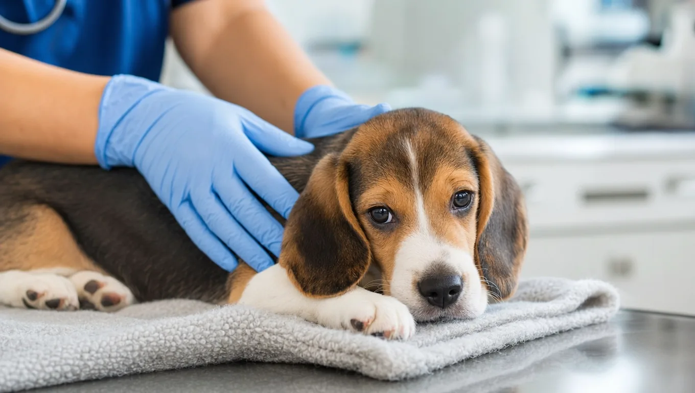 Chiot beagle rassuré par un vétérinaire ganté en consultation