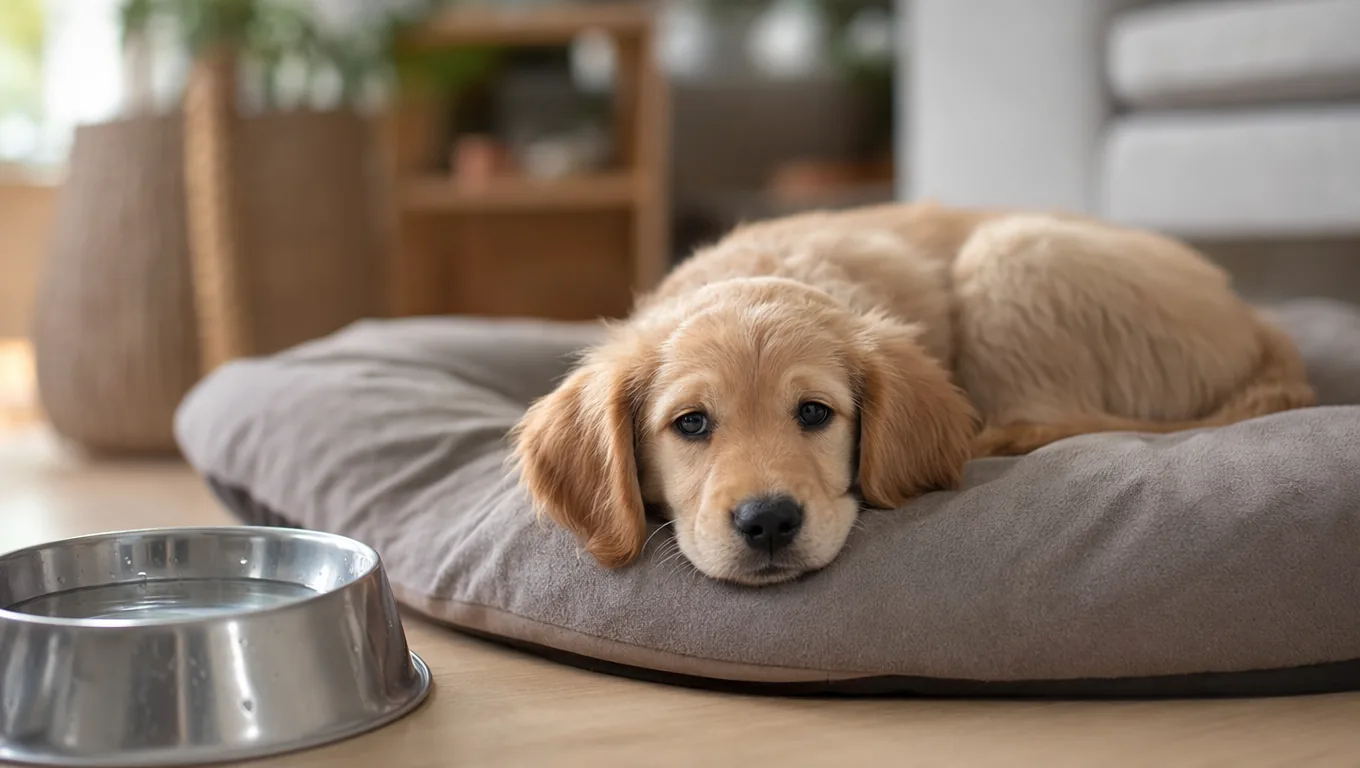 Chiot abattu couché sur un coussin près d'une gamelle d'eau