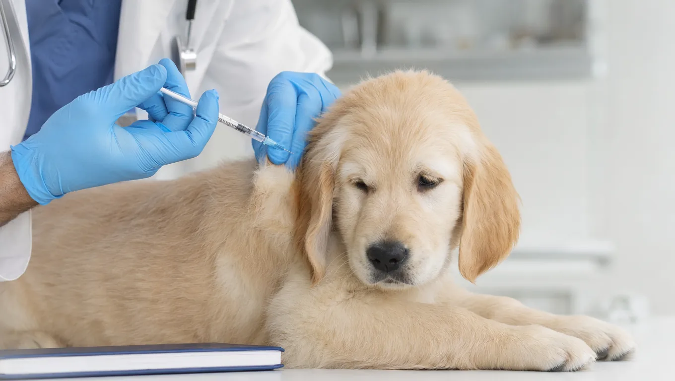 Vétérinaire vaccinant un chiot golden retriever calme sur la table de consultation