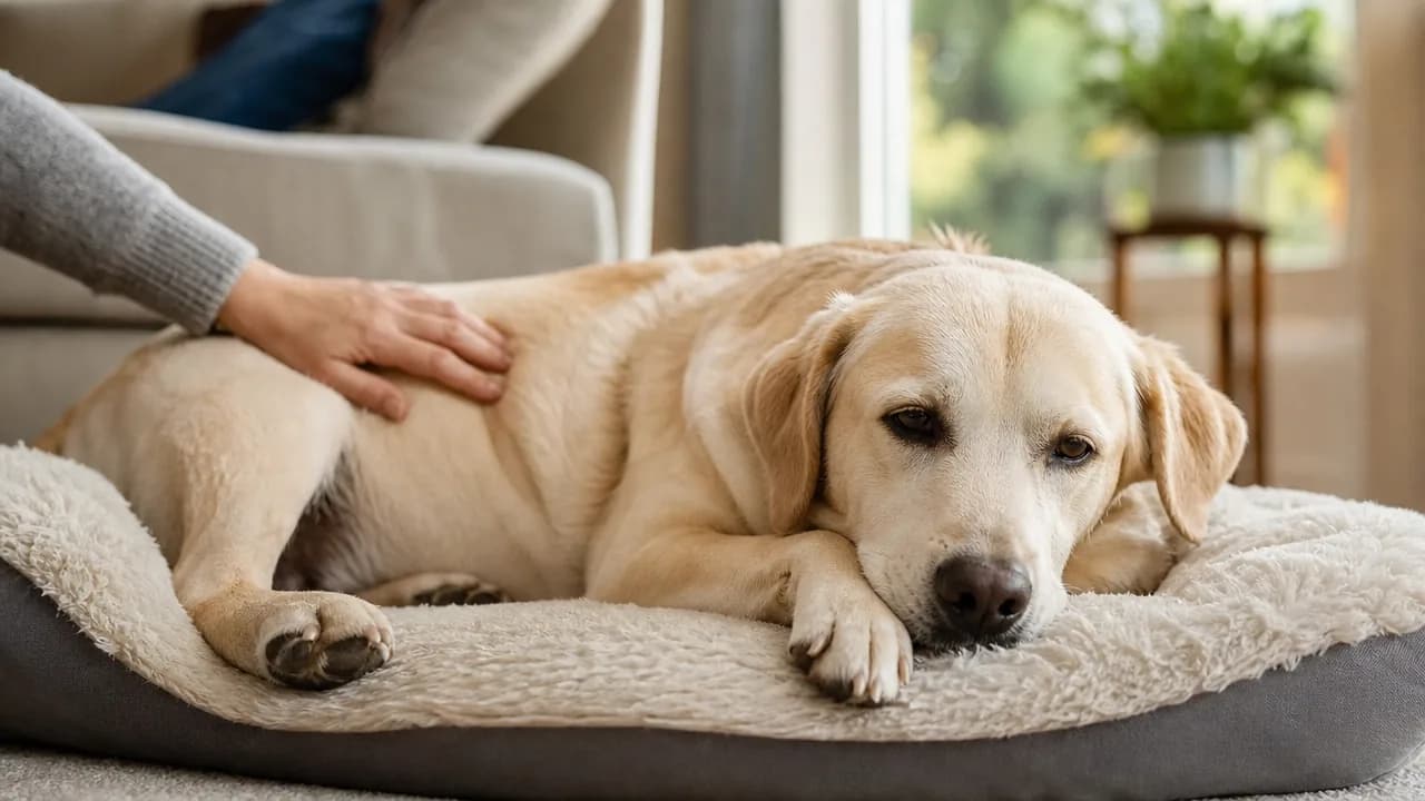 Labrador fatigué et abattu allongé sur son panier, une main de propriétaire posée sur son flanc