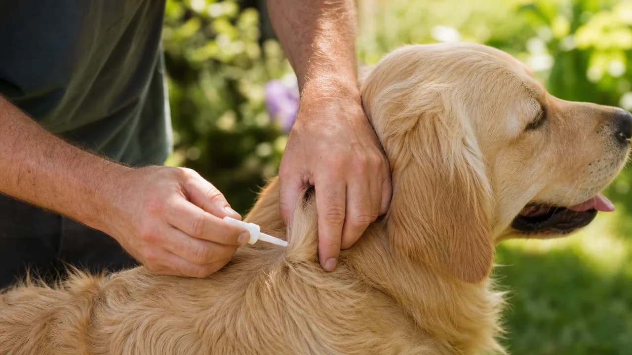 Mains d'un propriétaire appliquant une pipette antiparasitaire sur la nuque d'un golden retriever