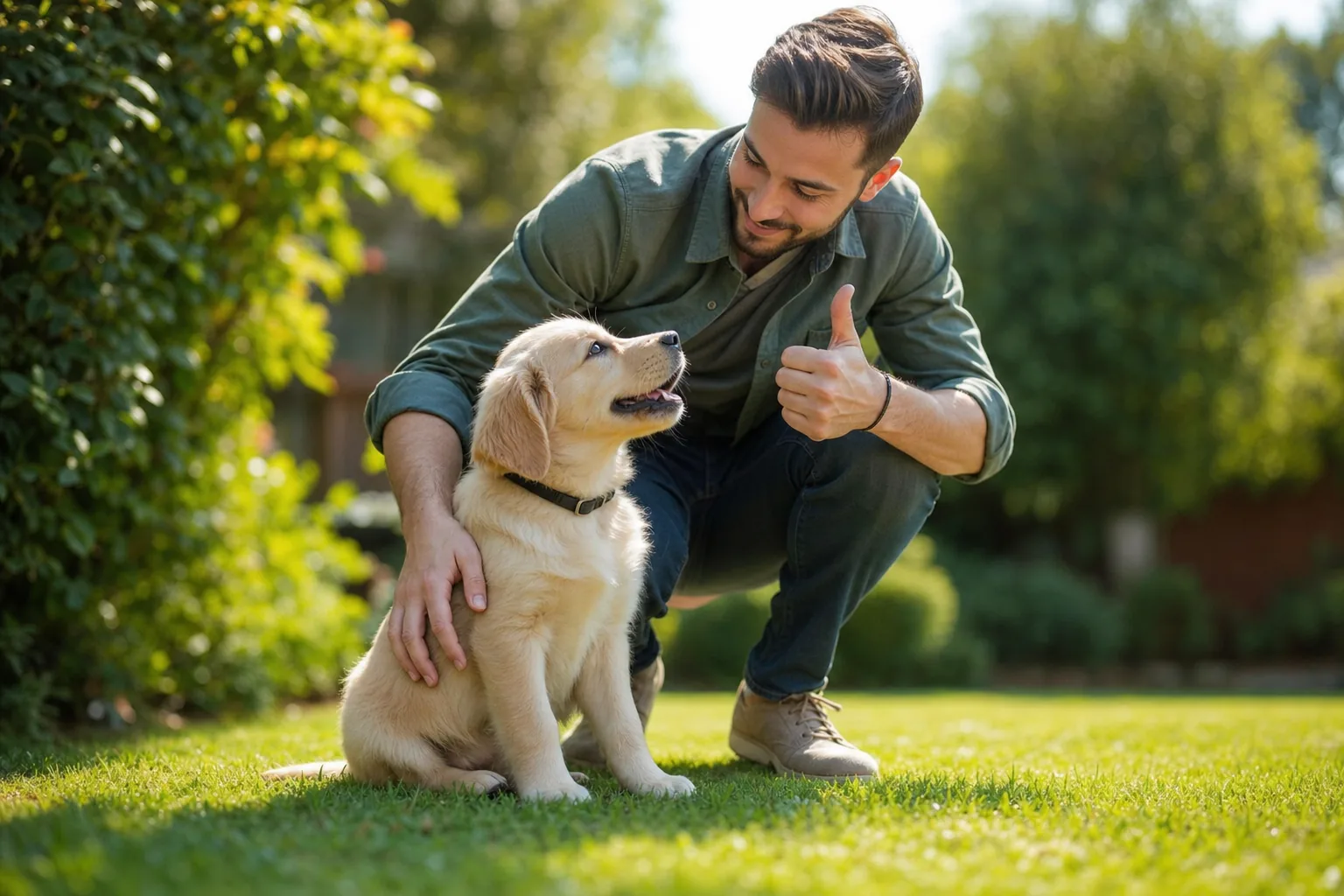 Chiot félicité par son maître dans un jardin