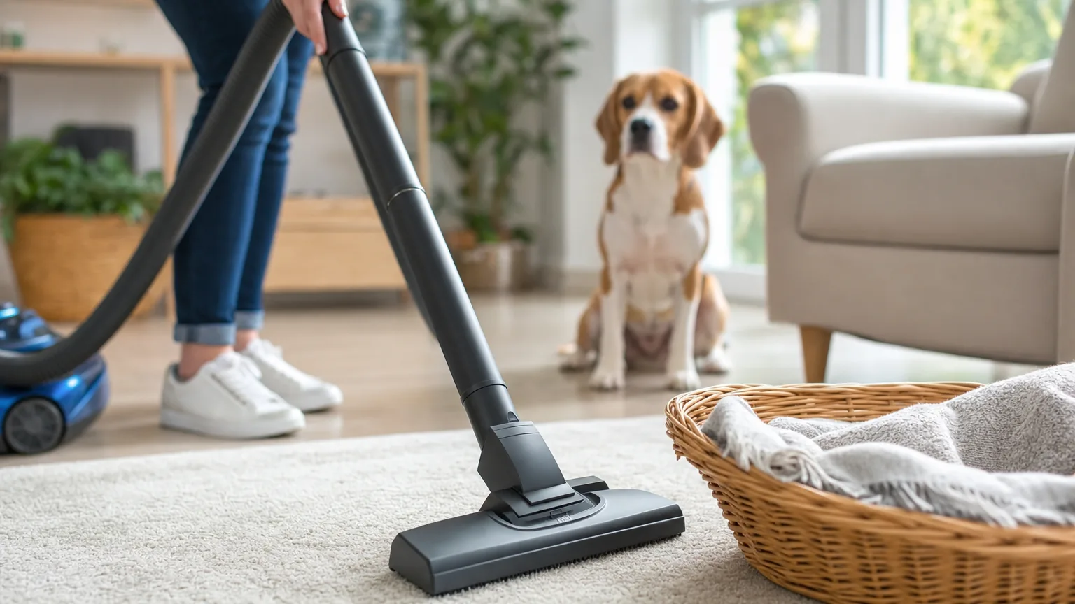 Aspiration d'un tapis près du panier du chien pour traiter l'environnement
