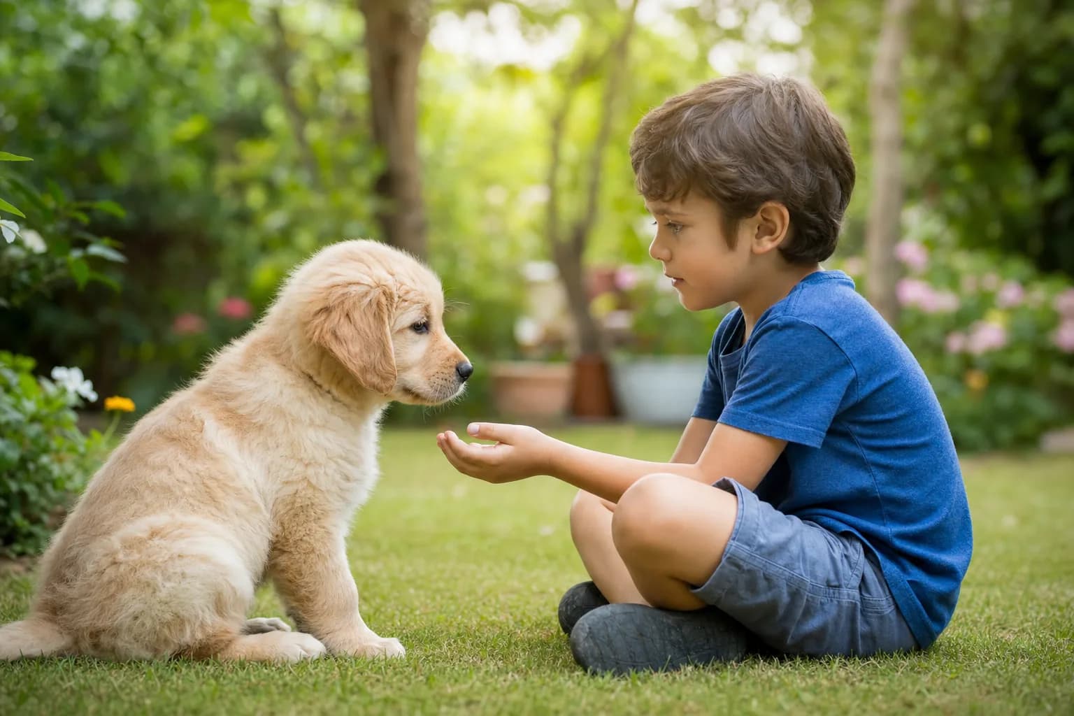 Chiot rencontrant calmement un enfant, interaction positive