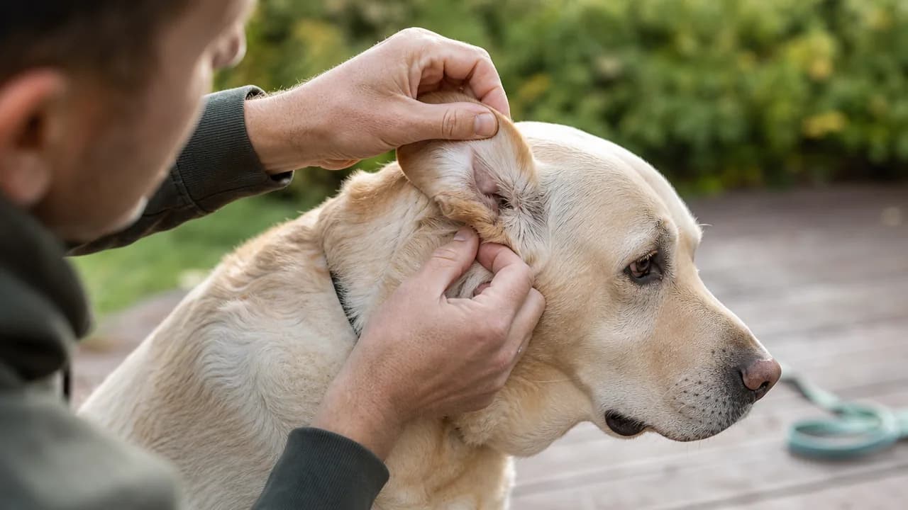 Propriétaire inspectant le pelage d'un labrador à la recherche de tiques