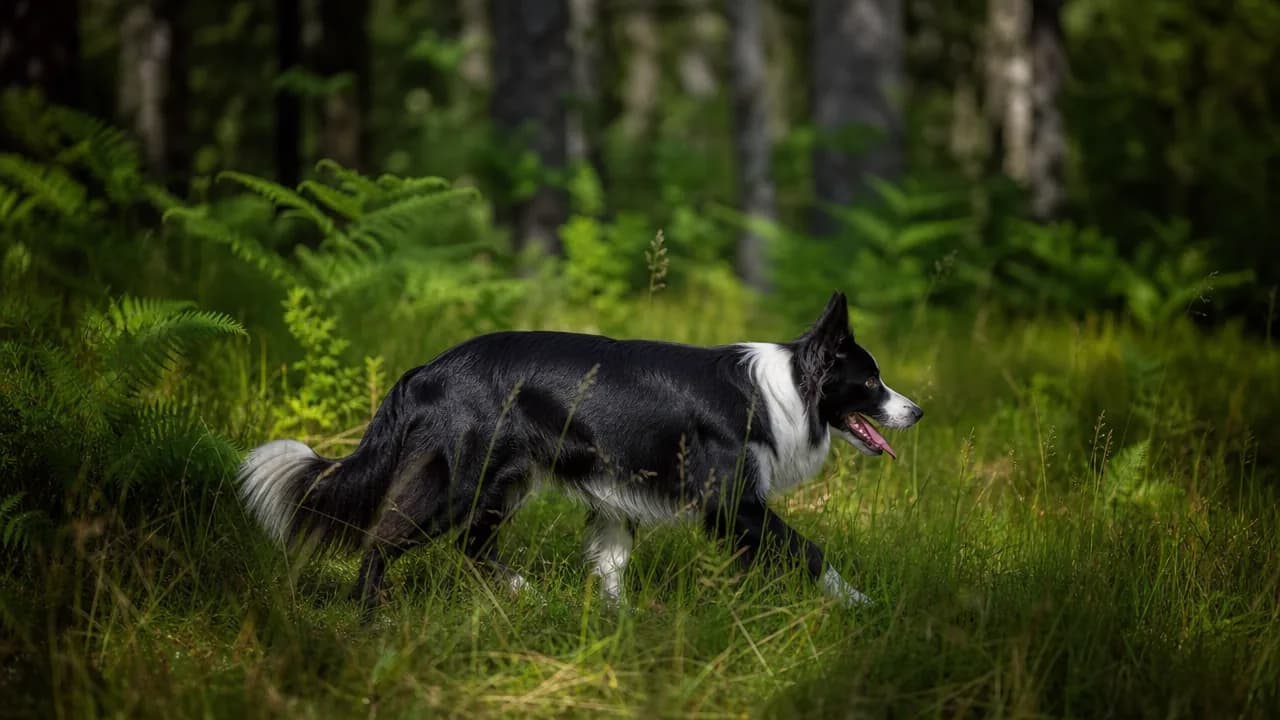 Chien en promenade dans un sous-bois herbeux, zone à risque de tiques