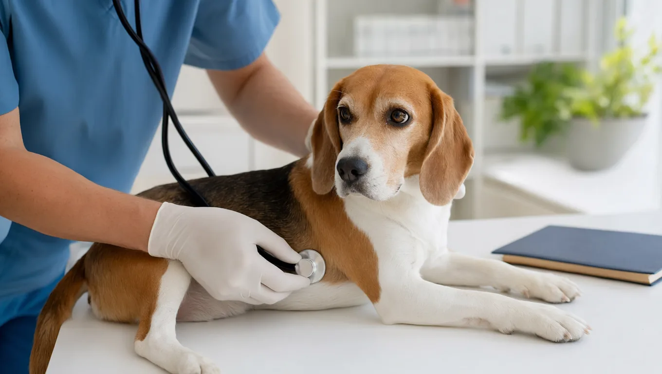 Vétérinaire auscultant un chien au stéthoscope lors d'une consultation