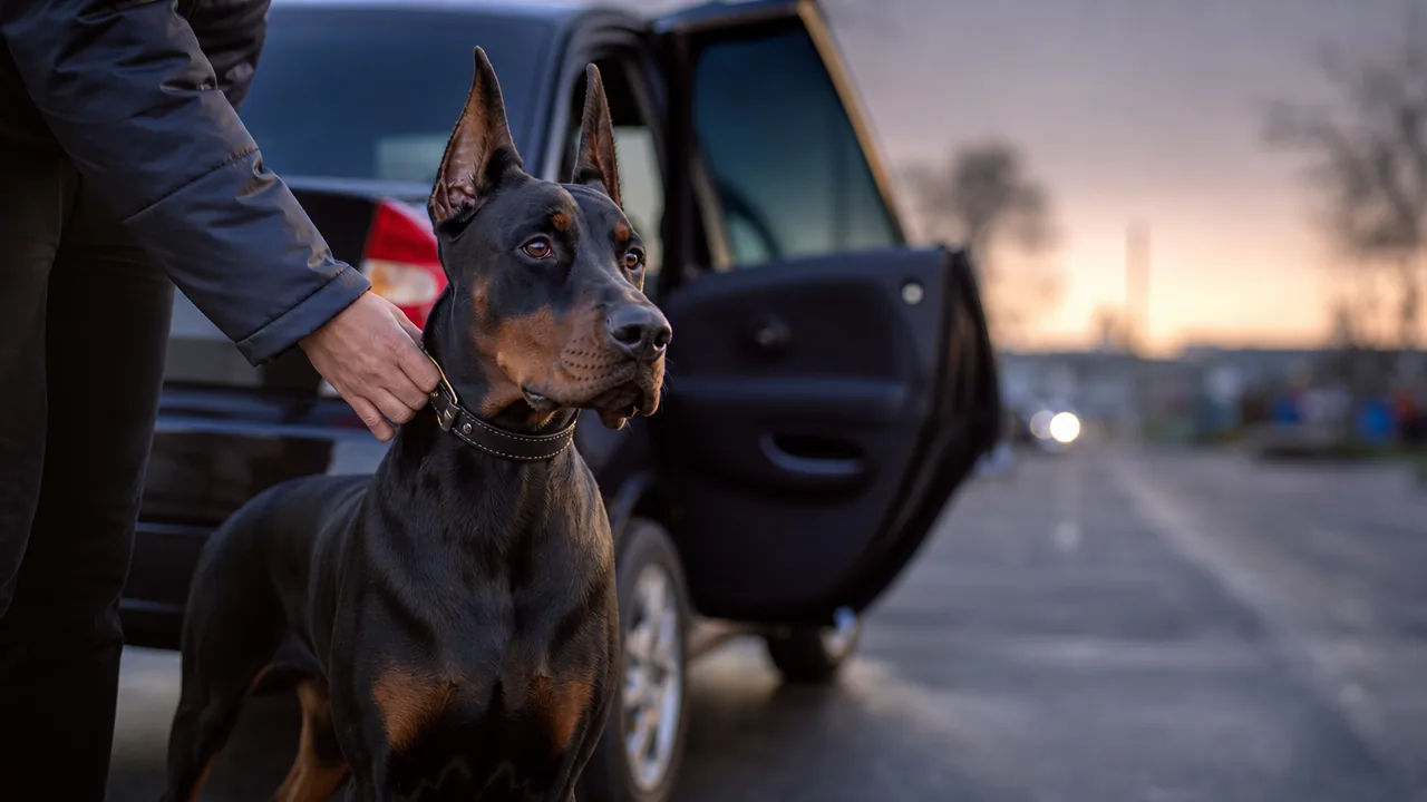 Grand dobermann attentif près d'une voiture, prêt à partir en urgence chez le vétérinaire