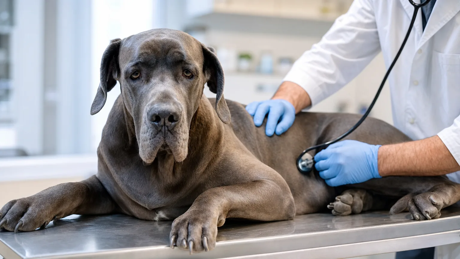 Vétérinaire auscultant au stéthoscope un grand dogue allemand calme en clinique