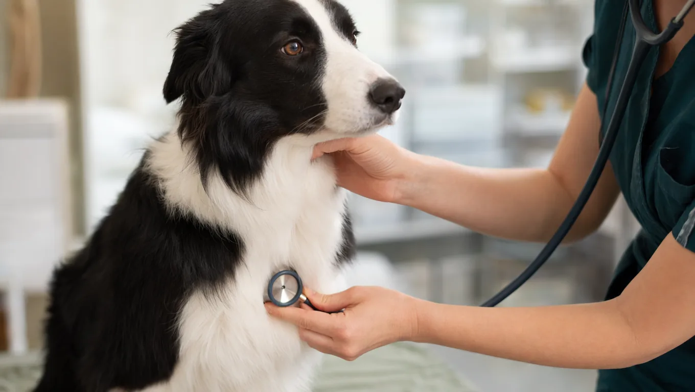 Vétérinaire auscultant au stéthoscope le poitrail d'un border collie calme
