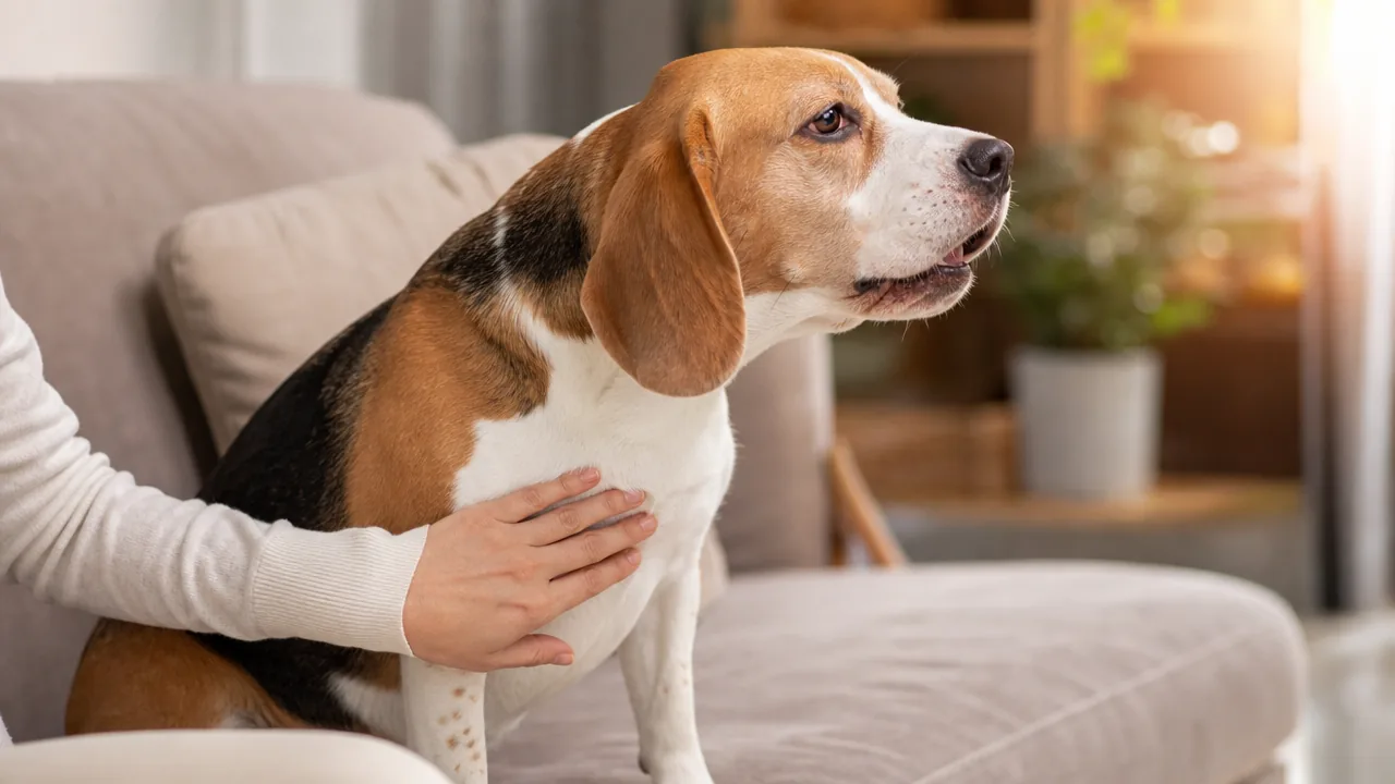 Beagle au cou tendu en pleine quinte de toux sèche, main du propriétaire sur son poitrail