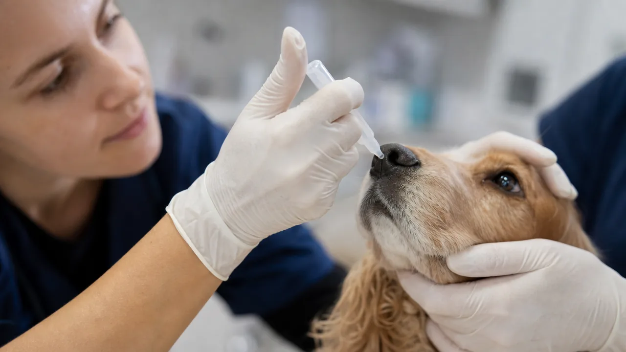 Vétérinaire administrant un vaccin intranasal contre la toux de chenil à un cocker calme