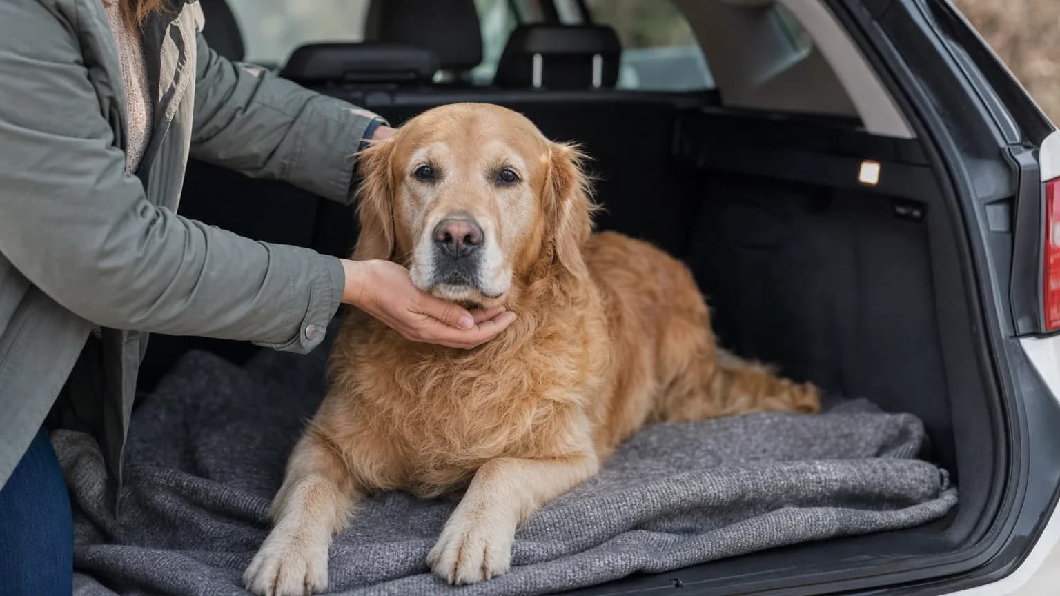 Golden retriever installé sur une couverture dans le coffre d'une voiture avant le trajet chez le vétérinaire